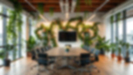 Blur background of office interior with large windows with city urban view, plants, and wooden desks at sunset. Modern workplace and urban greenery concept. Design for poster, wallpaper. Spate.