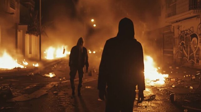 Hooded figures standing amid burning urban destruction and chaos with flames and smoke creating apocalyptic atmosphere during violent street confrontation