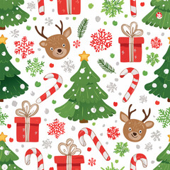 Christmas pattern featuring stylized Christmas trees, deer, candy canes, snowflakes, and presents.
