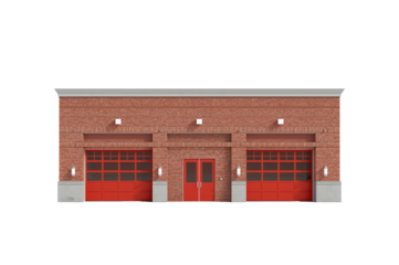Suburban fire station facade, daytime rendering