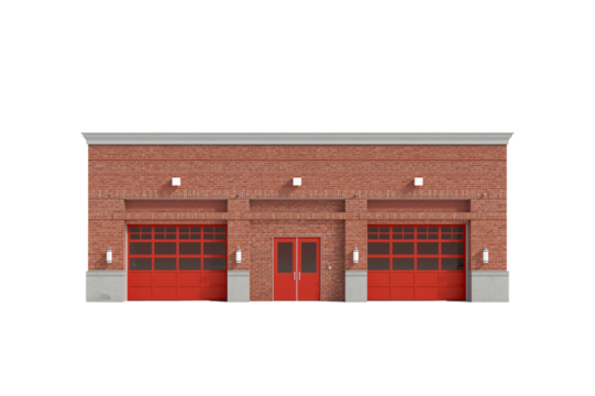Suburban fire station facade, daytime rendering