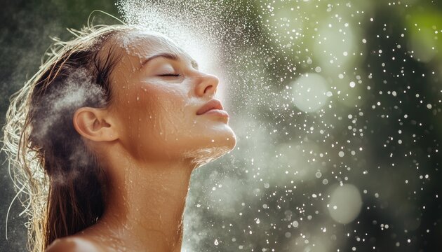 Woman Cooling Off In Summer Heat With Thermal Water: Refreshing Body And Hair Mist For Summer Skincare And Haircare.