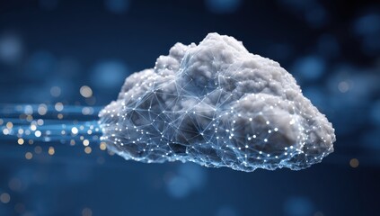 3D render of a cloud technology concept with data transfer on a blue background Cloud storage and intelligence system, big data software, or internet web service Generative AI