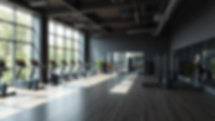 blurry gym scene, lots of gym equipment lined up neatly, modern theme without any people, bright light, blurry gym background.