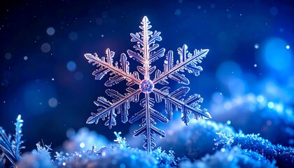 Detailed snowflake crystal sparkles against a vibrant, deep blue backdrop with bokeh snow creating a winter wonderland scene.