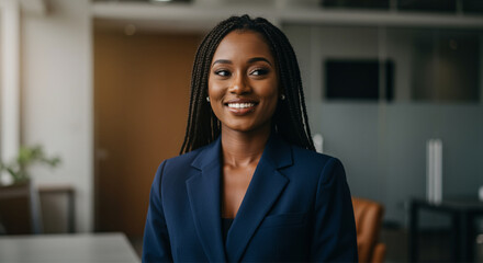 A young black woman in a suit is looking aside with a confident smile.