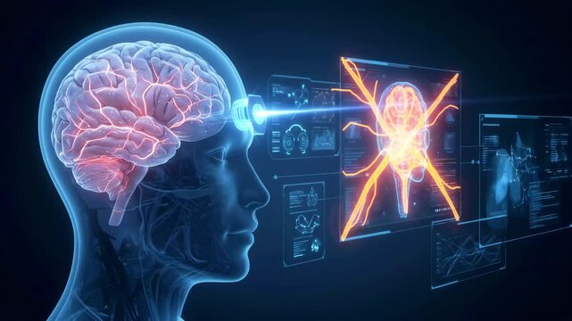 A digital representation of a human brain with neural connections and holographic data displays