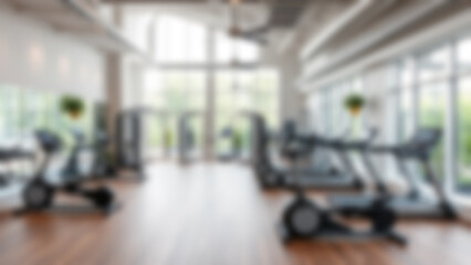 Fototapeta premium blurry gym scene, lots of gym equipment lined up neatly, modern theme without any people, bright light, blurry gym background.