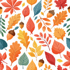 Vibrant autumn leaves and acorns pattern, colorful foliage design.