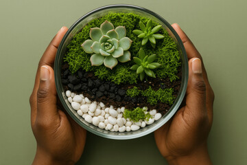 Hands holding glass terrarium with green succulents, moss, white pebbles and soil layers on pastel background, top view