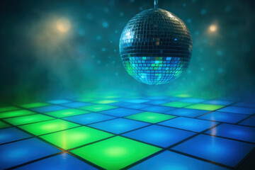 Obraz premium Shiny mirror disco ball reflecting colored lights above vibrant illuminated dance floor in retro club atmosphere