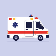 Emergency medical service ambulance vehicle with red and blue siren. First aid concept. Vector flat illustration for hospital, clinic, health, medicine