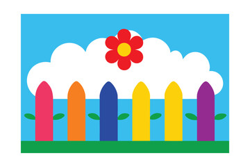 Fence With Rainbow Flowers Arranged Along The Bas