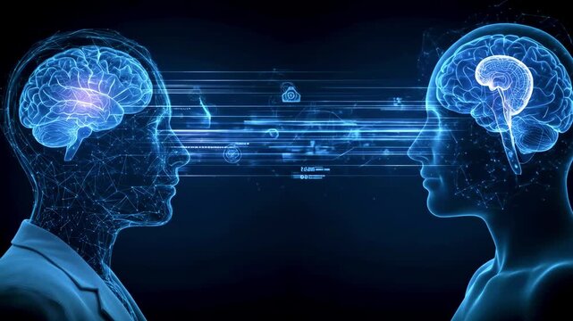 Futuristic digital representation of two human brains exchanging information in a high-tech environment