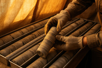 Geologist examining mineral core samples in field tent, analyzing rock layers for natural resource exploration and geological research
