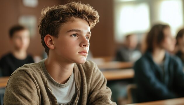 Thoughtful Teenage Schoolboy Sitting In Classroom, Deep In Thought And Contemplation, Engaged In Quiet Reflection During Lesson.