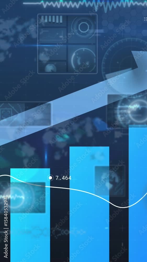 Aufkleber animation of arrow and financial graphs over navy background with circles on screens