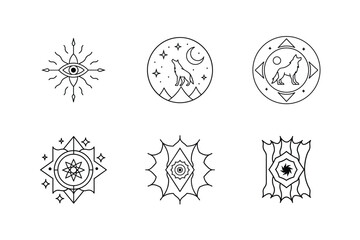 Mandala set of glowing eyes howling wolf magical spellbook and curtain Halloween mandala Vector illustration