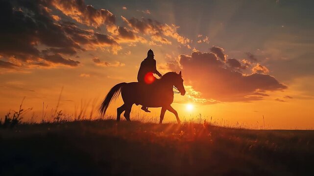 Medieval warrior knight riding horse silhouetted against dramatic golden sunset sky on open plains. Epic slow motion animation.