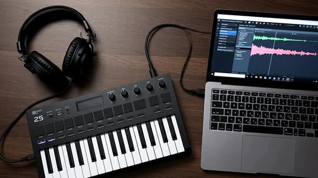 Keyboard headphones  laptop on a wooden surface musical software is displayed on the screen