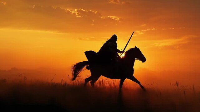 Silhouette of a lone medieval rider on horseback with a sword galloping through a field of tall grass at sunset, with a bright orange and yellow sky and the setting sun, evoking adventure and battle