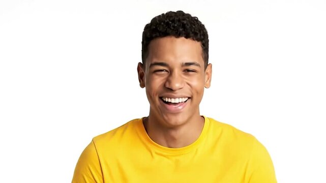 Laughing man with hand on chest against white background