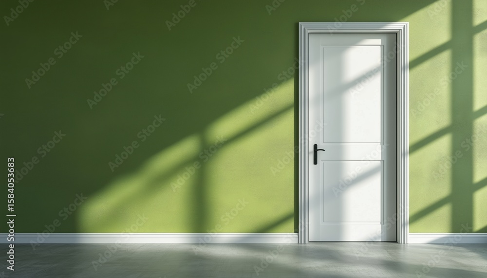 Poster white door and green wall rendered empty mock-up interior filled with blank spaces, showcasing minim