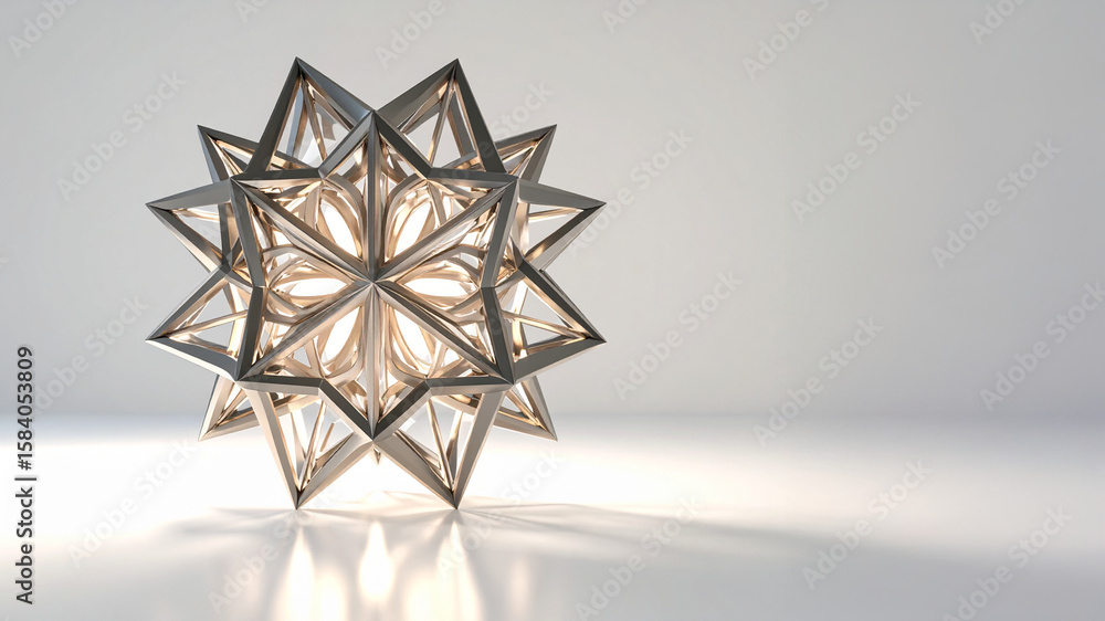 Poster a striking three-dimensional sculpture of an abstract multi-pointed star or polyhedron, rendered in 