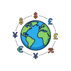 Earth illustration surrounded by currency symbols representing global finance and economy.