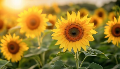 Close-Up View Of Sunflowers In A Summertime Agricultural Field With Selective Focus On The Blooms. Stunning And Vibrant Shot.