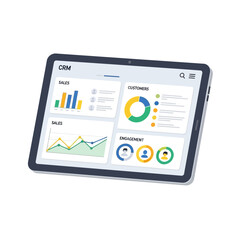 Tablet displaying data visualizations including bar graphs pie charts and line graphs.