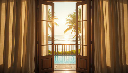 Open balcony door with curtains overlooking tropical ocean and palm trees at sunrise, peaceful vacation resort view for travel lifestyle, summer relaxation, and coastal morning inspiration
