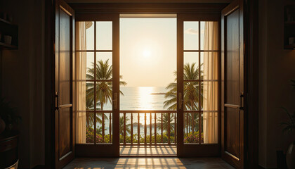 Scenic tropical ocean view from open wooden balcony doors at sunrise with palm trees and sunlight, peaceful resort vacation concept for travel, relaxation, and luxury coastal lifestyle inspiration
