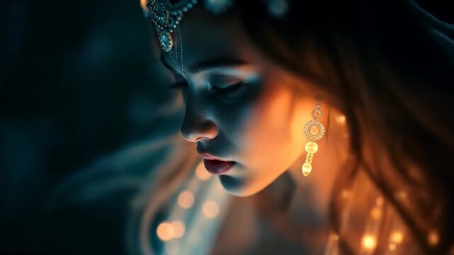Ethereal portrait of woman with golden light patterns dancing across her face creating mystical atmospheric beauty in darkness. Fantasy witch