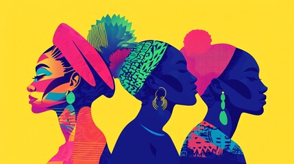 Vector style illustration of three African women, yellow background