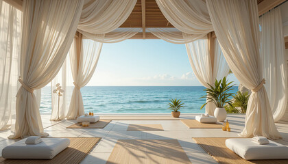 Plakat Beachfront spa pavilion with white curtains and yoga mats overlooking blue sea, peaceful summer retreat location for meditation, wellness escape, tropical resort, and luxury relaxation with ocean view