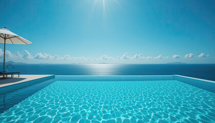 Obraz premium Infinity swimming pool overlooking ocean horizon with clear blue sky and bright sun, luxury vacation travel destination, tropical resort scenery with relaxing atmosphere, perfect for summer 
