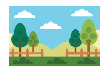 Cartoon Scene With Distant Trees Beyond A Floral Lawn