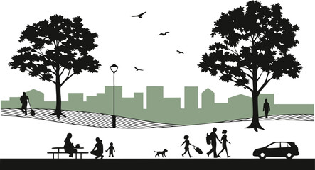City park scene with people trees and buildings vector