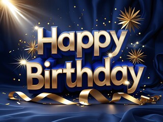 Happy Birthday 3D Gold Blue Design.