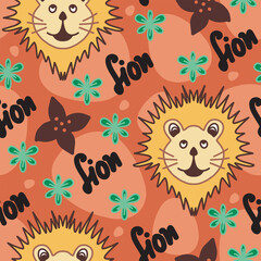 Vector hand-drawn color seamless repeating childish simple pattern with cute lion. texture for children's with lion