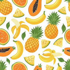 Vibrant illustration showcasing a repeating pattern of tropical fruits, including pineapples, bananas, and papaya.