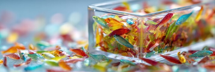 Fototapeta premium Vibrant Container of Colorful Fish Flakes With Bright Hues and Deep Focus, Showcasing the Beauty of Fish Food