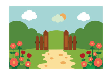 Cartoon Garden Path Leading To A Wooden Gate Surrounded By Flowers