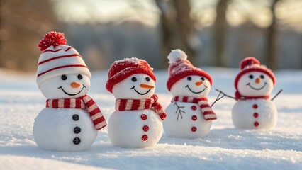 Fototapeta premium Four snowmen in a row on a snowy day
