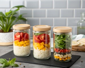Three healthy salad jars with fresh ingredients