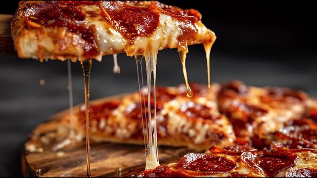 Pizza slice lifted cheese strings down pepperoni visible on pizza wooden board dark background