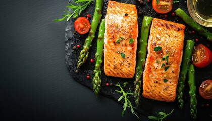 Top View Of Baked Salmon Fish Fillet With Asparagus And Tomato Served With Glass Of Wine On Black Stone Table.