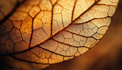 Obraz premium Macro Photograph Of Withered Autumnal Dry Leaf With Detailed Brown Texture And Warm Veins Pattern Under Sunlight And Dark Shadows