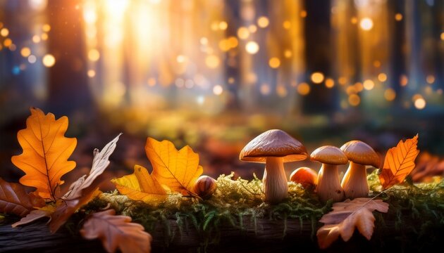 cozy autumn forest elements with glowing mushrooms leaves and acorns